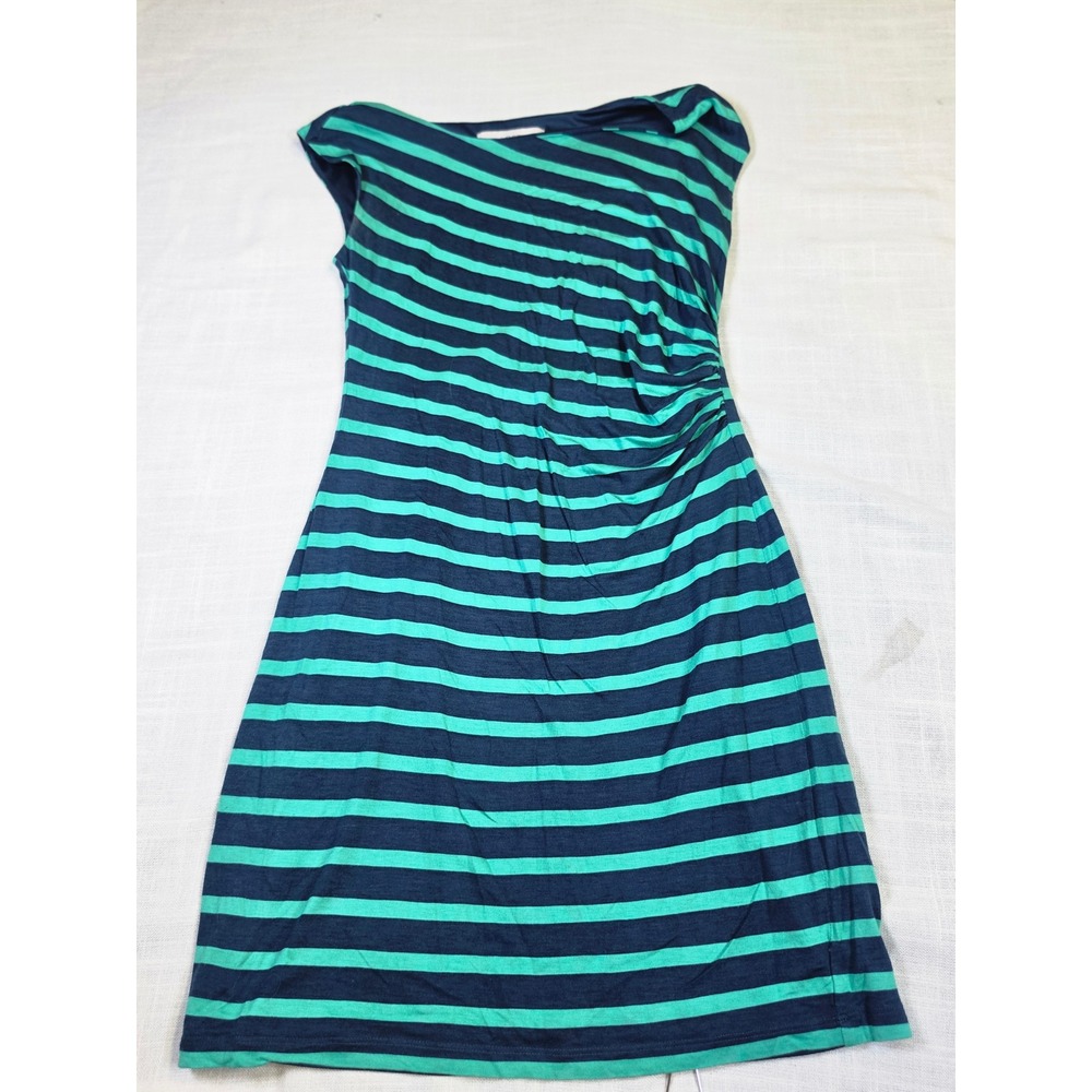 Ann Taylor LOFT Navy Green Striped Ruched Sheath Dress XS Sleeveless Boat Neck